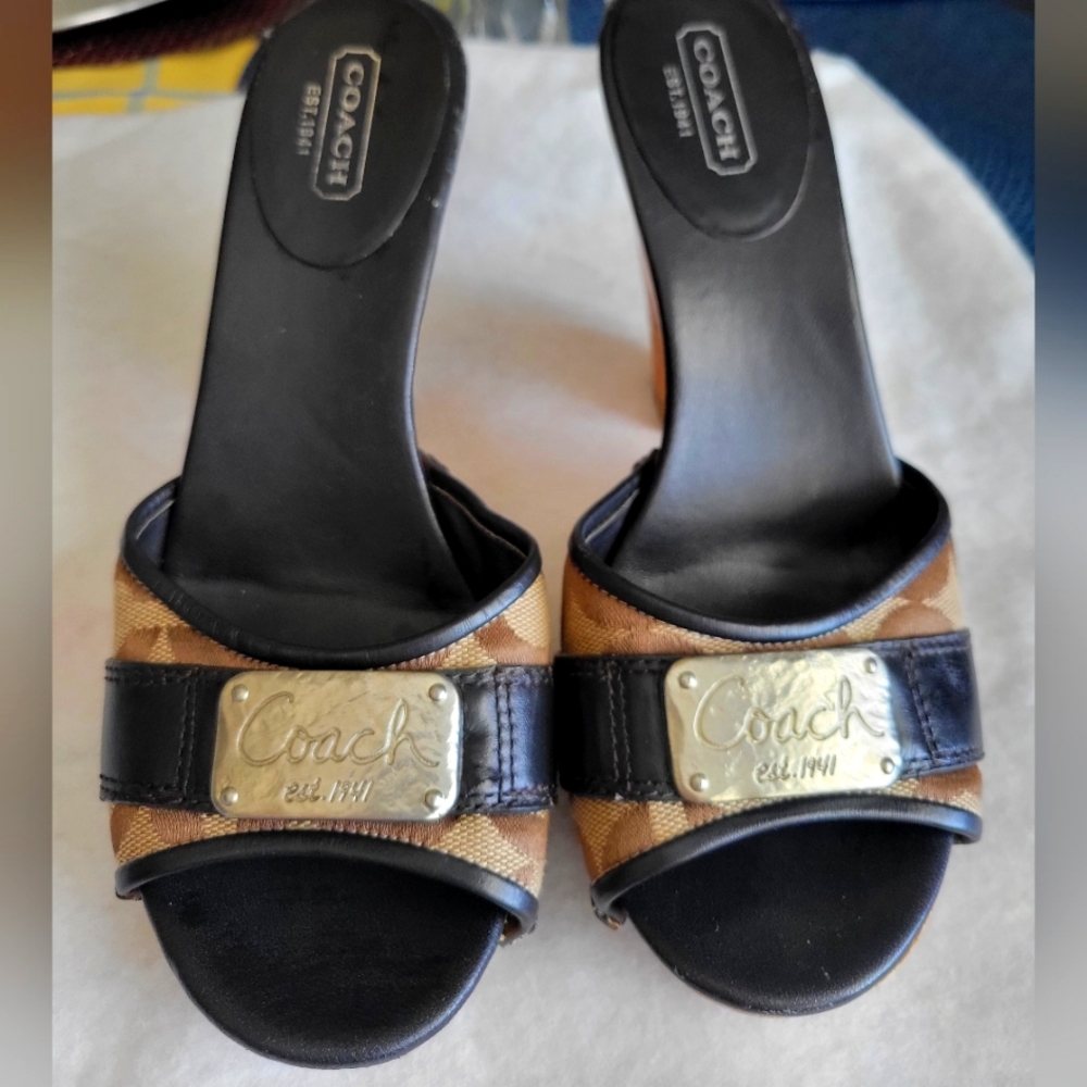 Coach Women's Black and Brown Slide Platform Heels